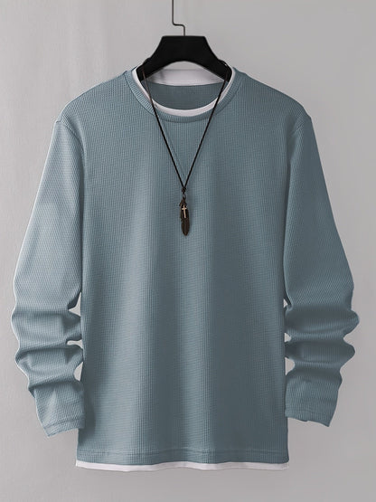 Langærmet herre-T-shirt med rund hals og strukturmønster i sort
