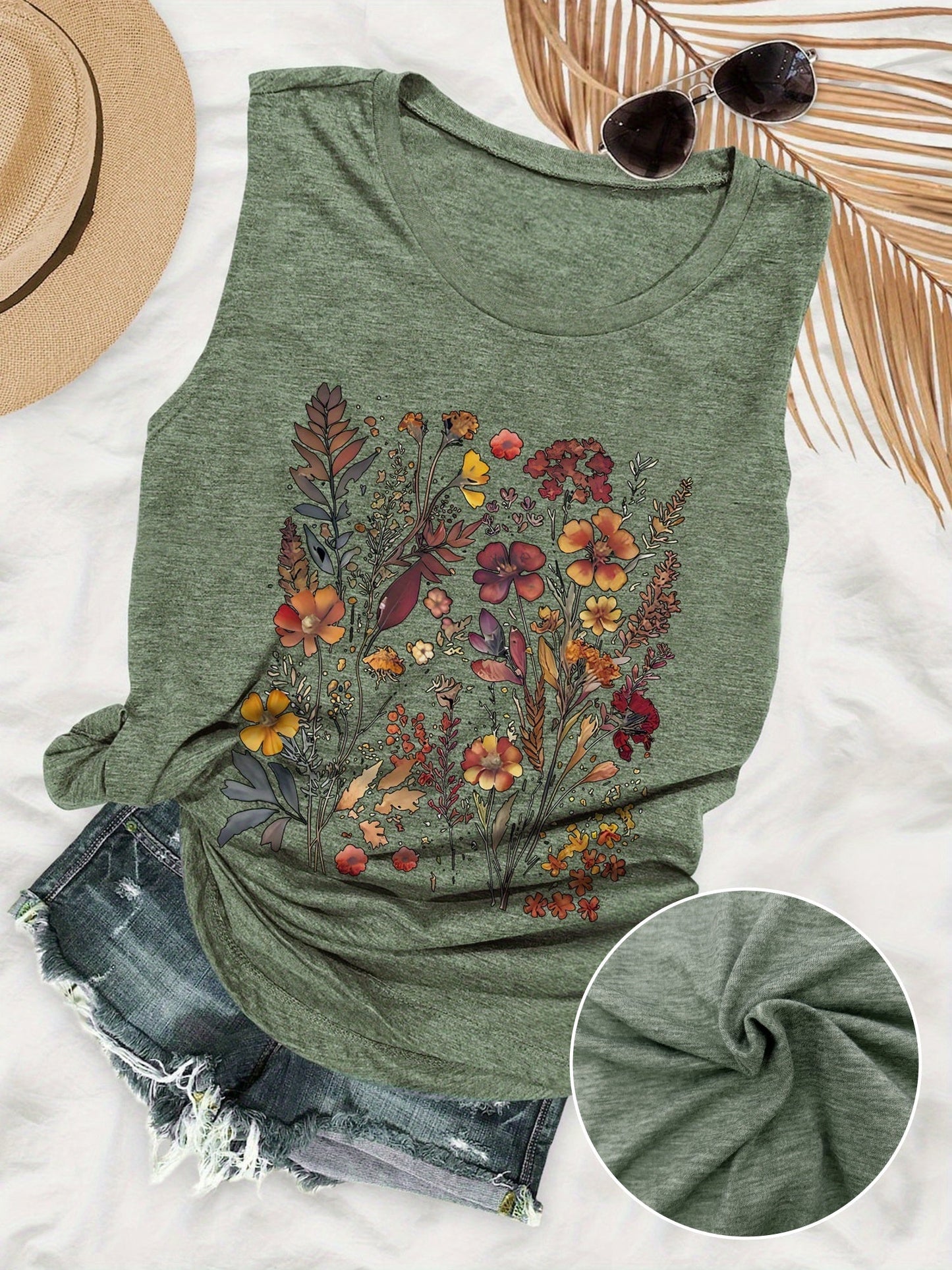 Camiseta sin mangas de verano para mujer con estampado floral, estilo casual, ideal para el día a día y las vacaciones