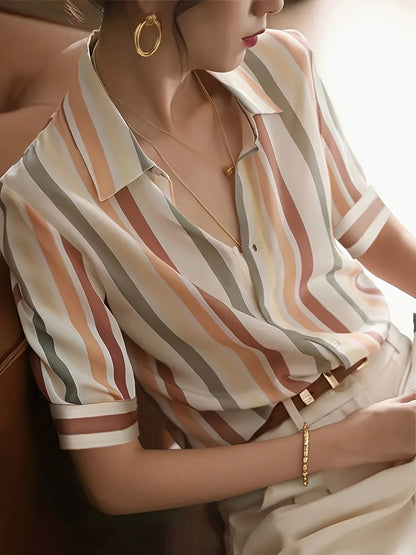 Blusa casual de negocios para mujer con estampado de rayas – Manga corta, estilo elegante para oficina y uso diario