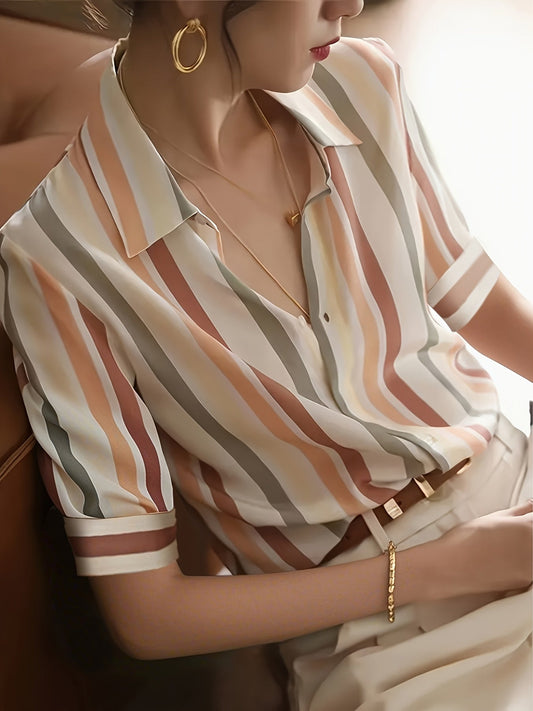 Dame Business Casual-bluse med stripemønster – Kortermet, elegant stil for kontor og hverdag