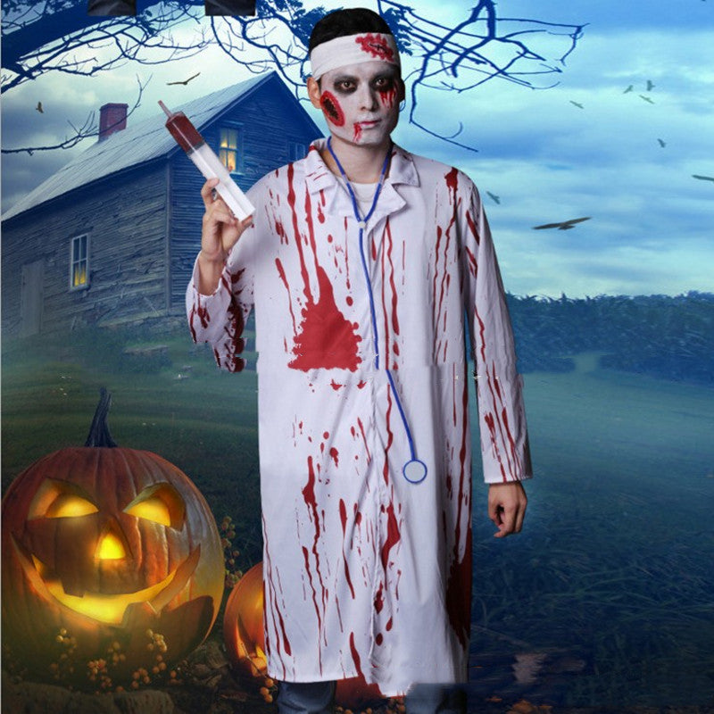 Costume da Uomo Halloween Medico Zombie Sanguinario per Feste Spaventose