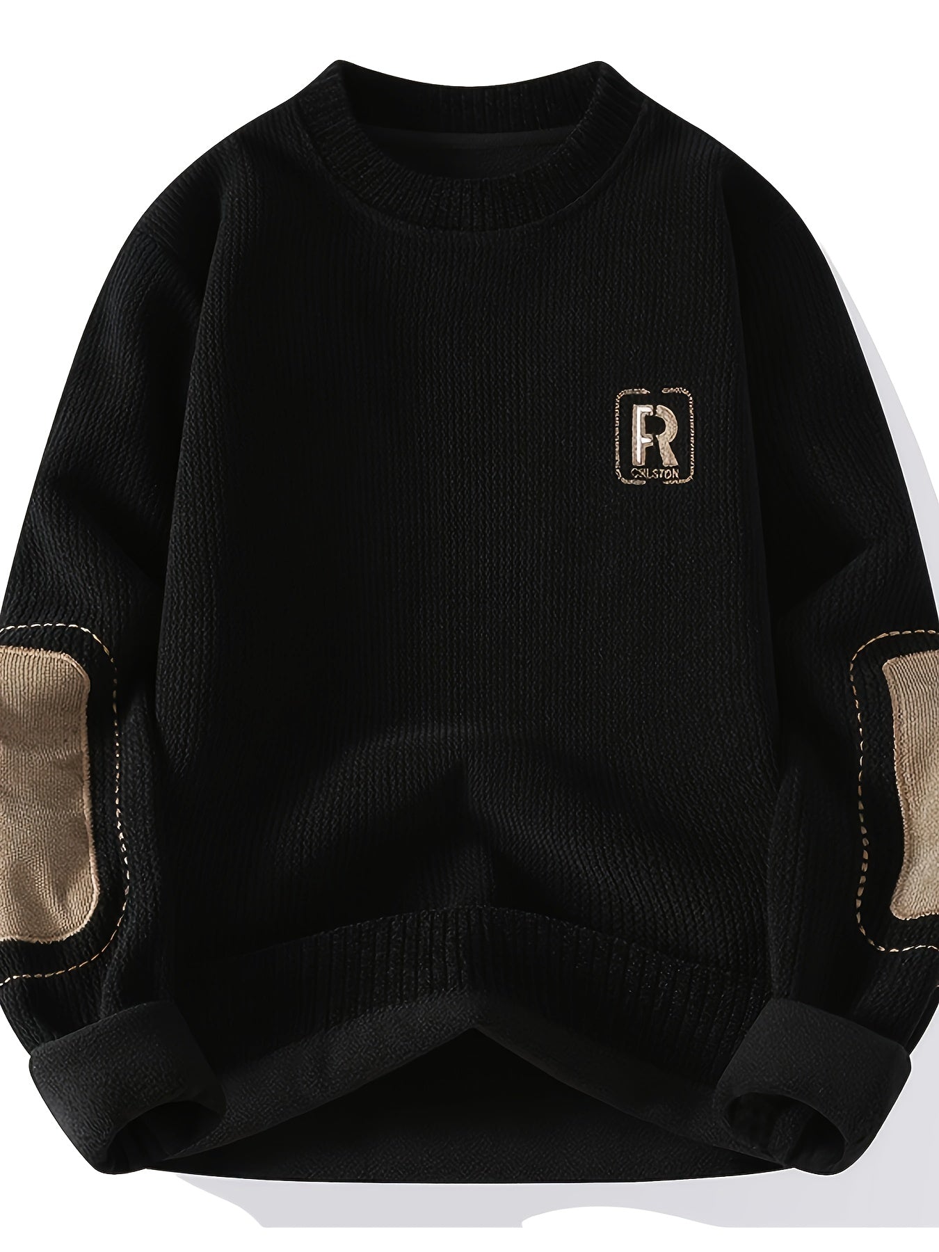Suéter unisex de cuello redondo con textura acanalada y parches en los codos