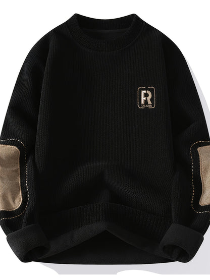 Suéter unisex de cuello redondo con textura acanalada y parches en los codos