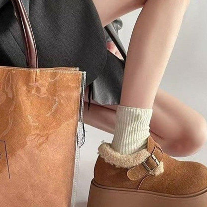 Damen Plateauschuhe Chunky mit Schnalle und Teddyfutter Braun