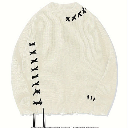 Unisex Strickpullover mit Kreuzstich-Detail und zerrissenem Saum