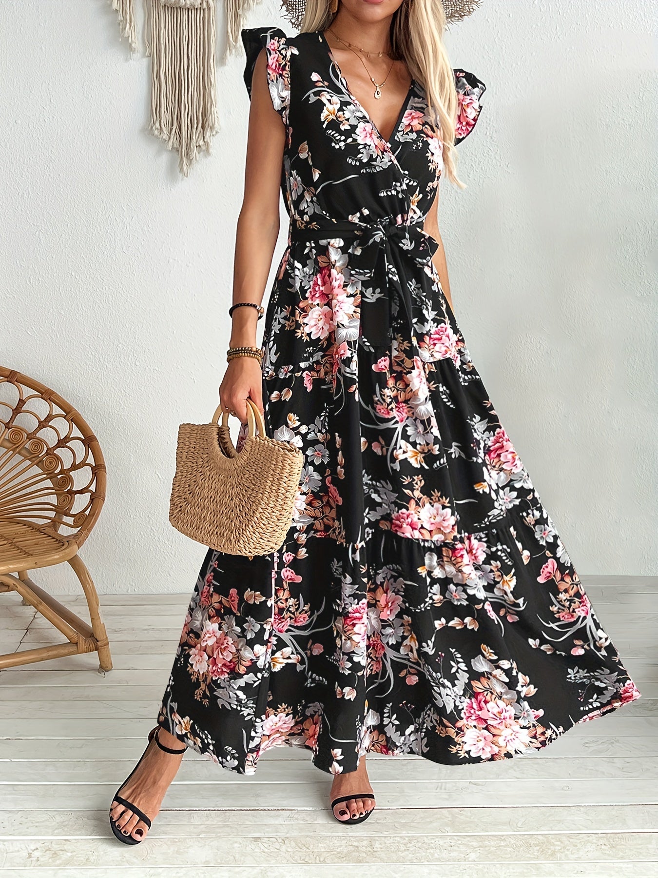 Damen Maxikleid im Boho-Stil mit Blumenmuster und Taillengürtel – Perfekt für Urlaub & Sommer