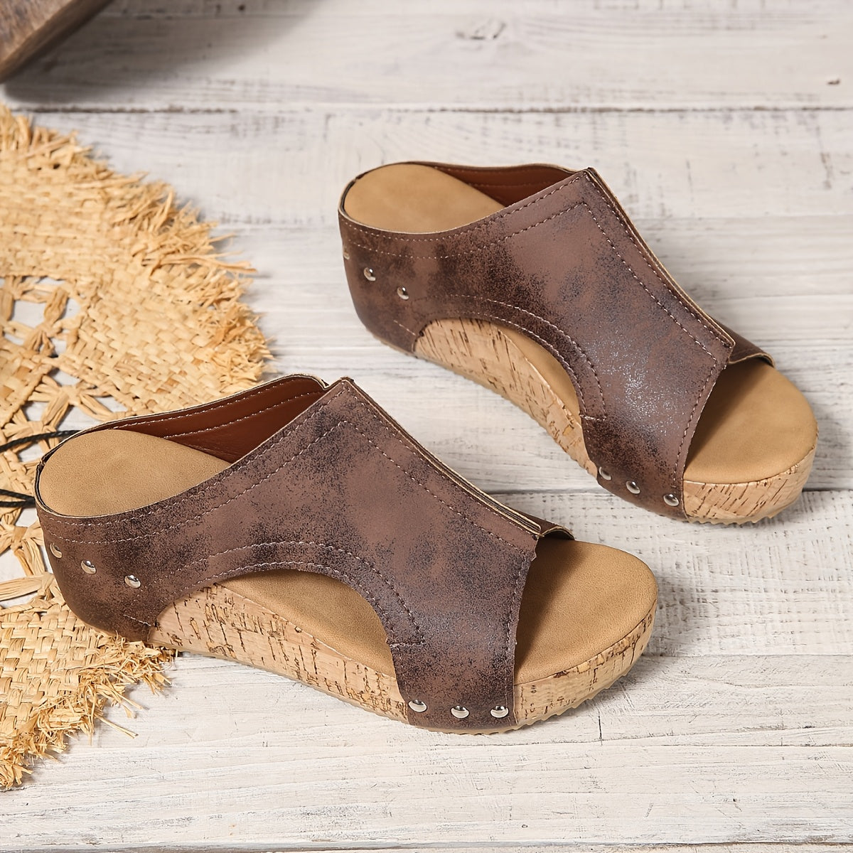 Damen Vintage Plateau-Sandalen mit Keilabsatz und offenem Zehenbereich – Sommer Slip-On Schuhe