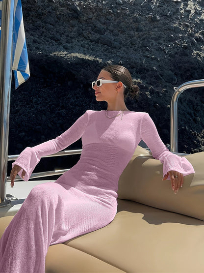 Abito maxi da spiaggia da donna con maniche lunghe, look elegante per vacanze e resort