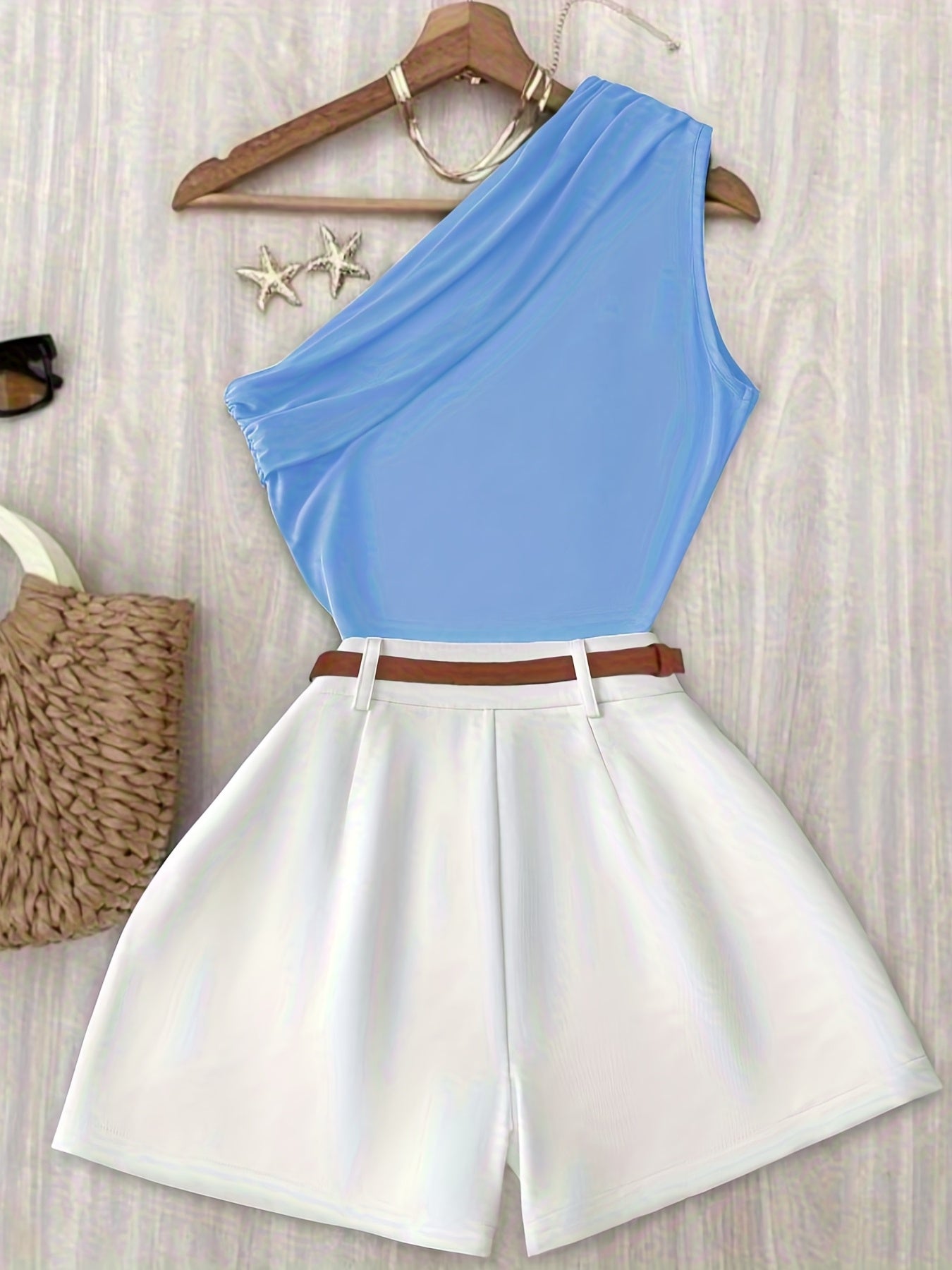 Damen Ein-Schulter Elegant Sommer Set mit Oberteil und Shorts – Modischer Freizeit-Look
