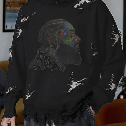 Suéter de hombre de cuello redondo con estampado y efecto desgastado beige
