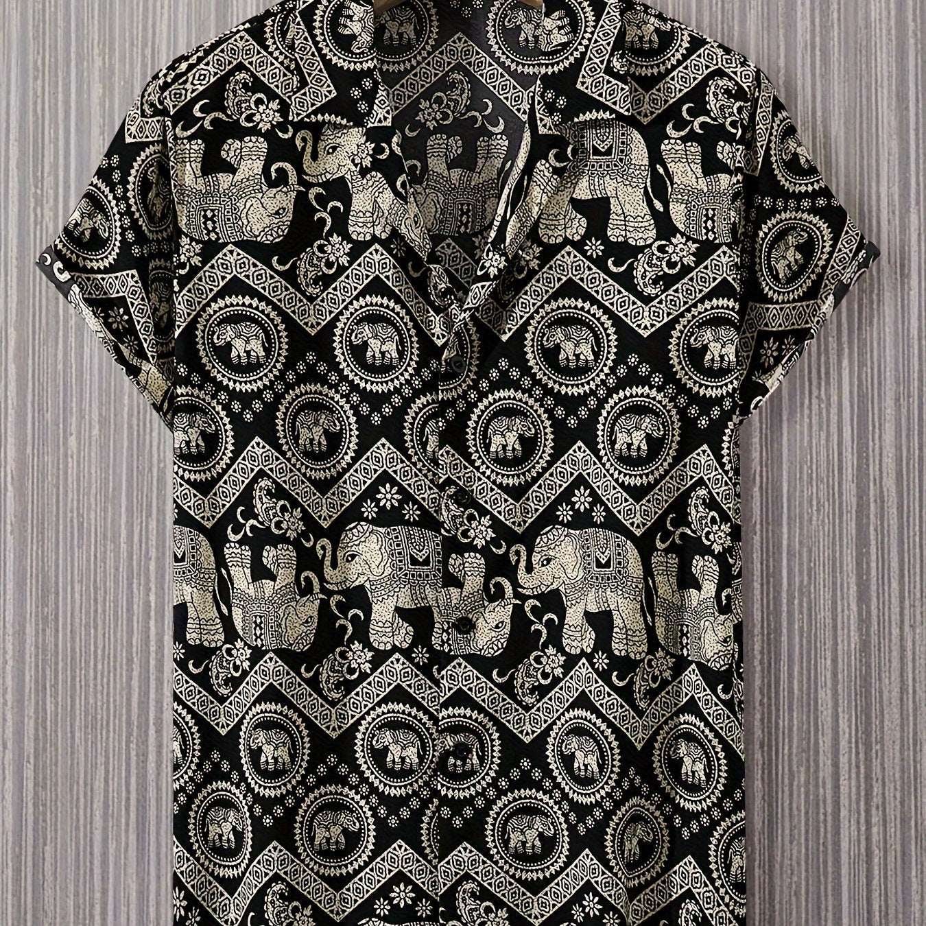 Chemise de villégiature pour homme avec imprimé éléphants et mandalas, manches courtes, chemise décontractée moderne