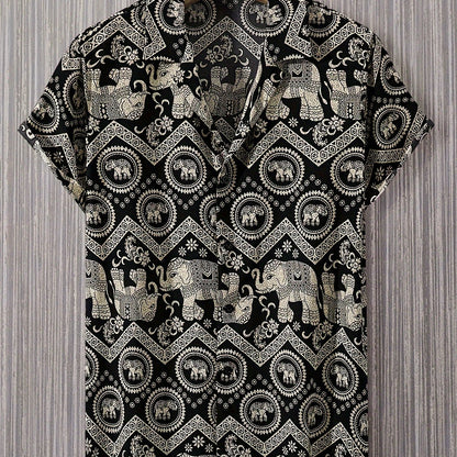 Chemise de villégiature pour homme avec imprimé éléphants et mandalas, manches courtes, chemise décontractée moderne