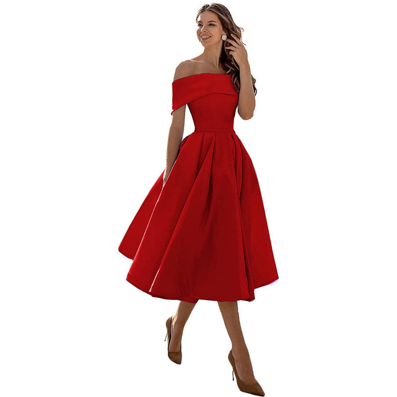 Michelle – Casual strapless satijnen feestjurk