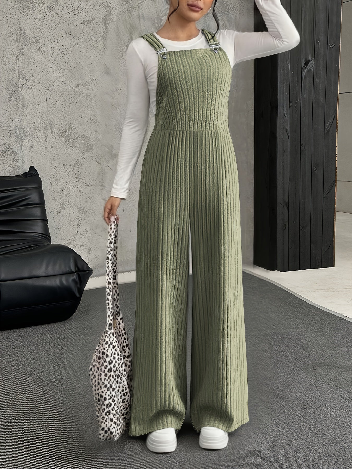 Mono para mujer de punto acanalado, pierna ancha, gris, peto enterizo