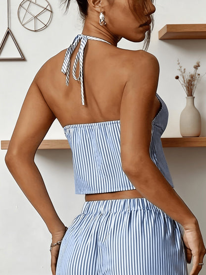 Damen Halter Neck Sommer Crop Top mit Streifen – Verspieltes Freizeit- und Urlaubs-Oberteil
