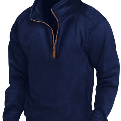 Fleece-pullover til mænd med ståkrave, halv lynlås, lange ærmer og lomme