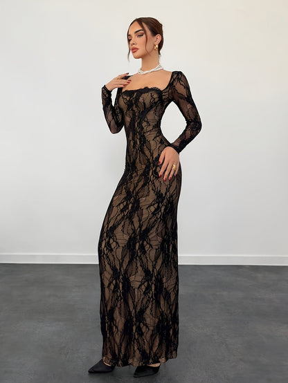 Robe de soirée élégante moulante pour femme avec dentelle et manches longues – Parfaite pour les occasions spéciales