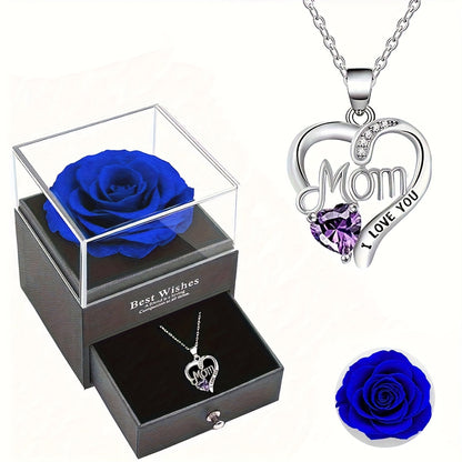 Damen Schmuckset Herz Halskette mit Anhänger 'Mom I Love You' und Geschenkbox mit Ewiger Rose – Elegantes Muttertagsgeschenk