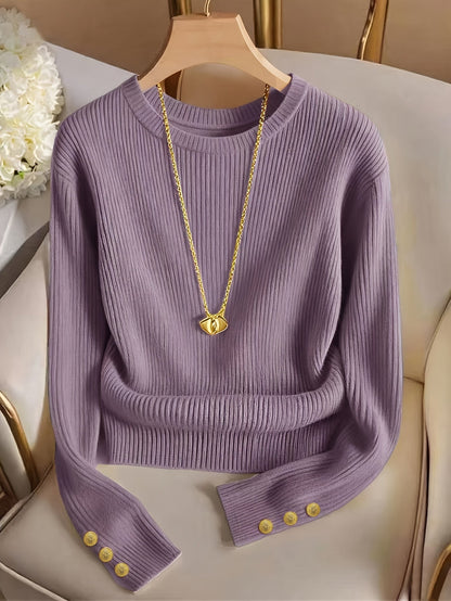 Gerippter Damen Pullover Rundhals Langarm mit Zierknöpfen