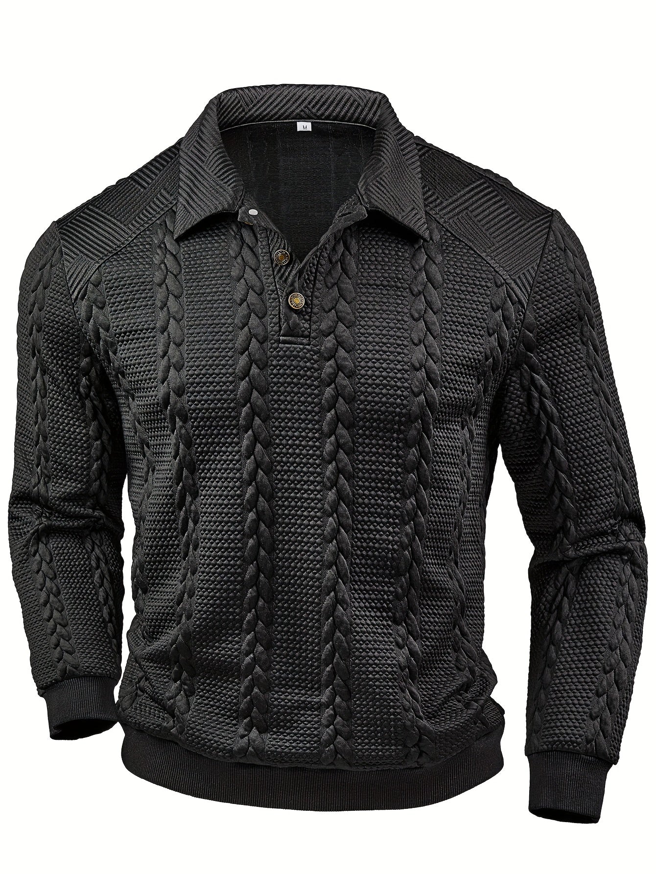 Polo da uomo in maglia a maniche lunghe con motivo intrecciato, grigio scuro