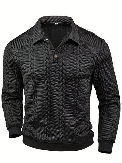 Polo da uomo in maglia a maniche lunghe con motivo intrecciato, grigio scuro