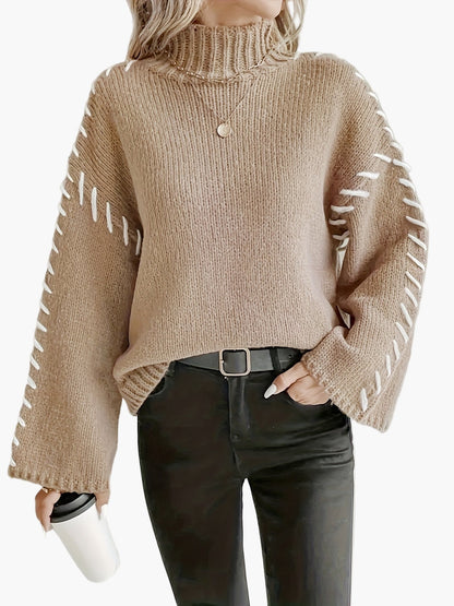 Pull en maille femme à manches larges et couture décorative, col roulé élégant automne/hiver