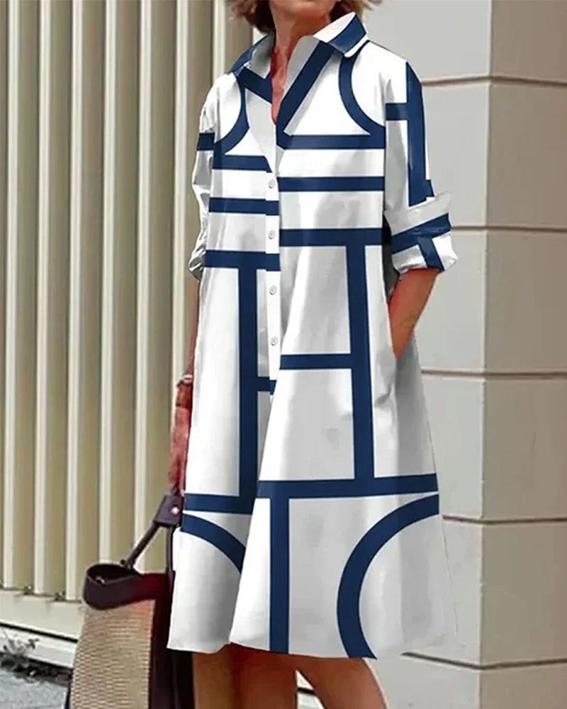 Vestido camisa para mujer con estampado geométrico y bolsillos prácticos – Moderno y versátil para día a día y oficina
