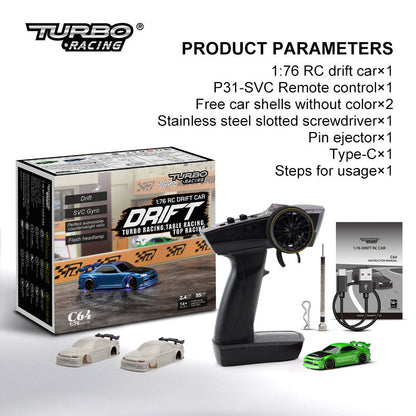 1:76 RC driftbil C64 – turbo racermodelbil til drenge fra 14 år, fjernstyret driftbil med gyro og LED-forlygter
