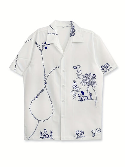 Camisa de manga corta para hombre estilo resort con bordado floral artístico – Estilo casual moderno