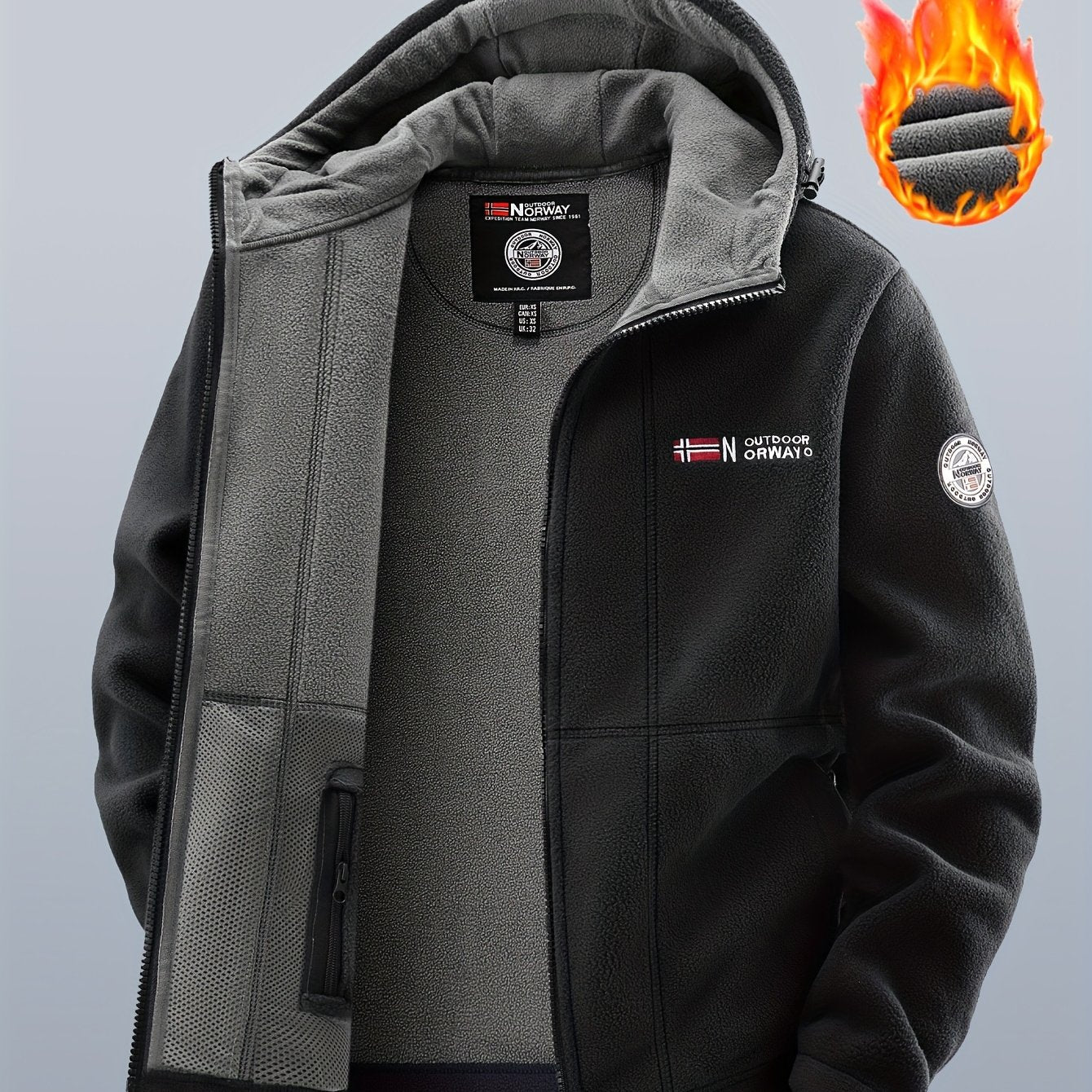 Chaqueta polar de exterior para hombre con capucha – Forro cálido, cierre de cremallera, bolsillo en el pecho