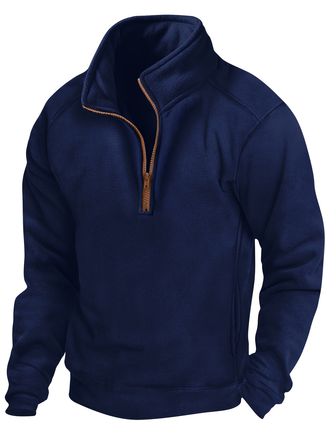 Fleece-pullover til mænd med ståkrave, halv lynlås, lange ærmer og lomme
