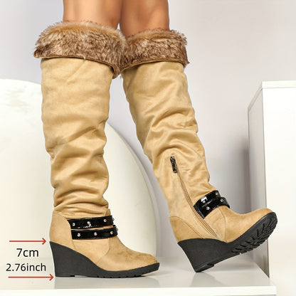 Damen Winterstiefel mit Keilabsatz & Fellbesatz, Schwarz oder Beige