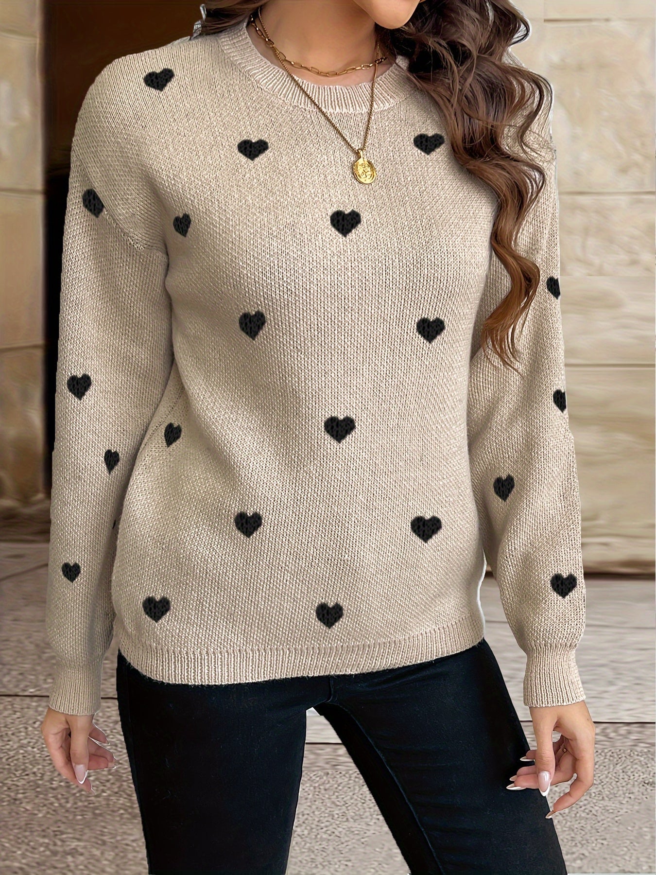 Damen Strickpullover mit Herzmuster Rundhals Langarm