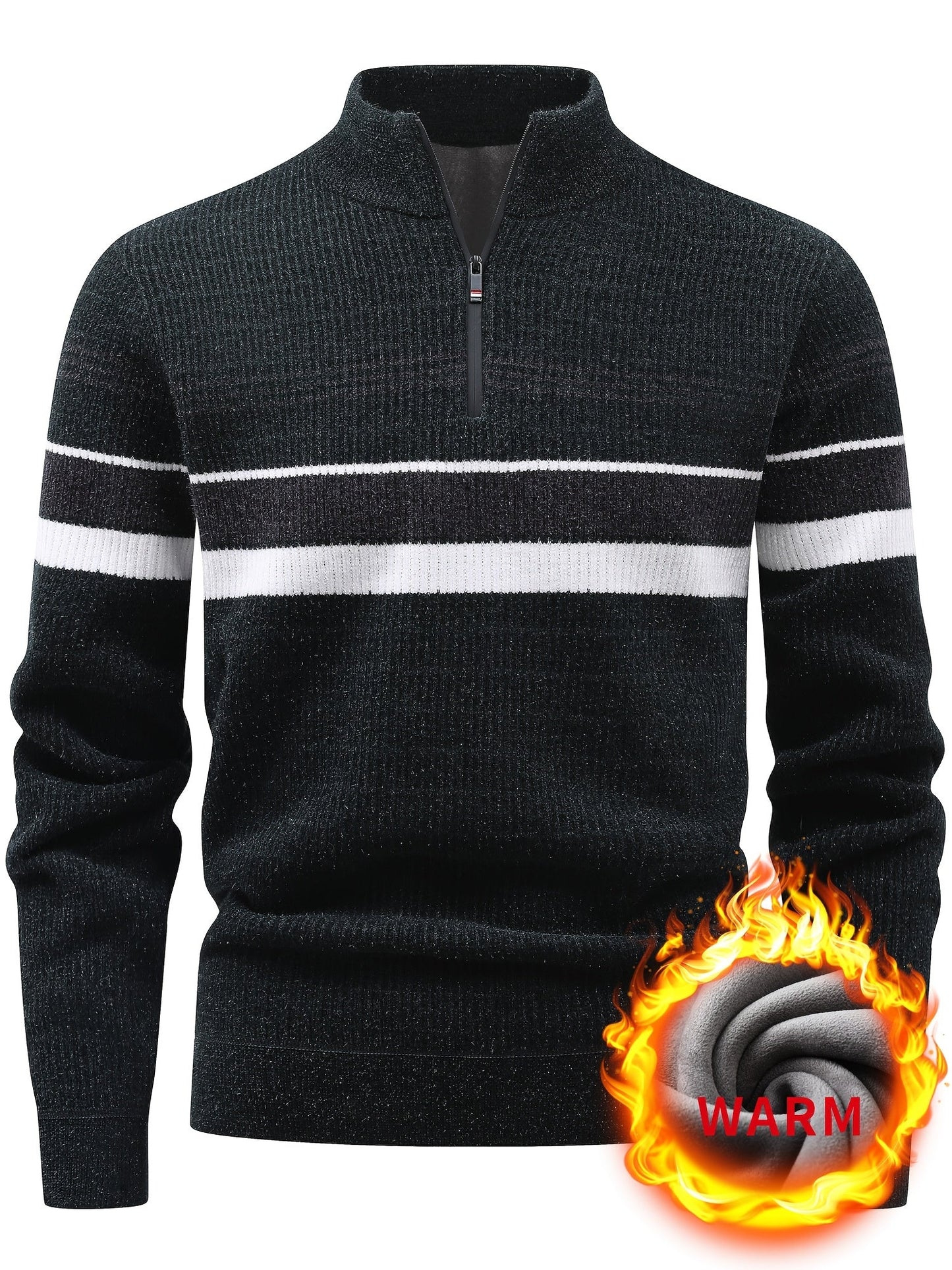 Herren Halb-Reißverschluss Strickpullover mit Streifenmuster, gerippt