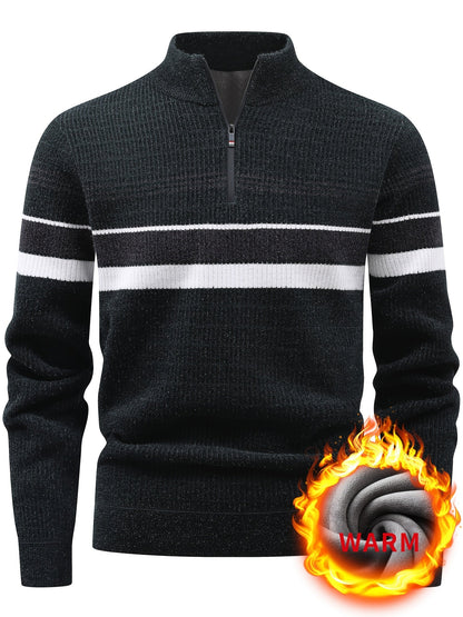 Herren Halb-Reißverschluss Strickpullover mit Streifenmuster, gerippt