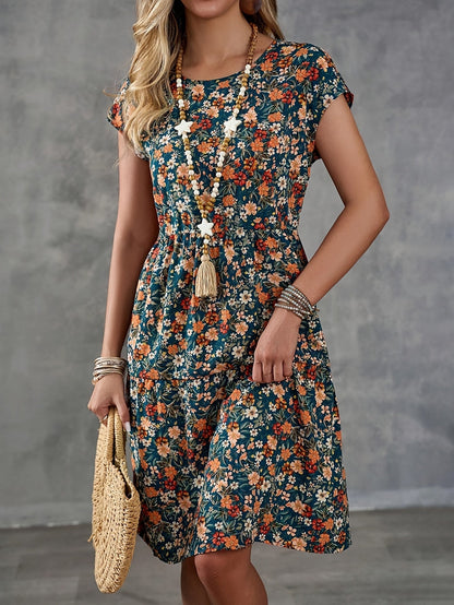 Damen Sommerkleid im Blumenmuster – Freizeit & Urlaub, Kurzarm, Knielang, A-Linie