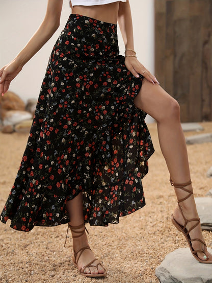 Damen Maxirock Elegant mit Blumenmuster und Volants für Frühling und Sommer