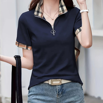 Polo casual da donna con zip e motivo a quadri – Maglia da tempo libero alla moda con collo con cerniera