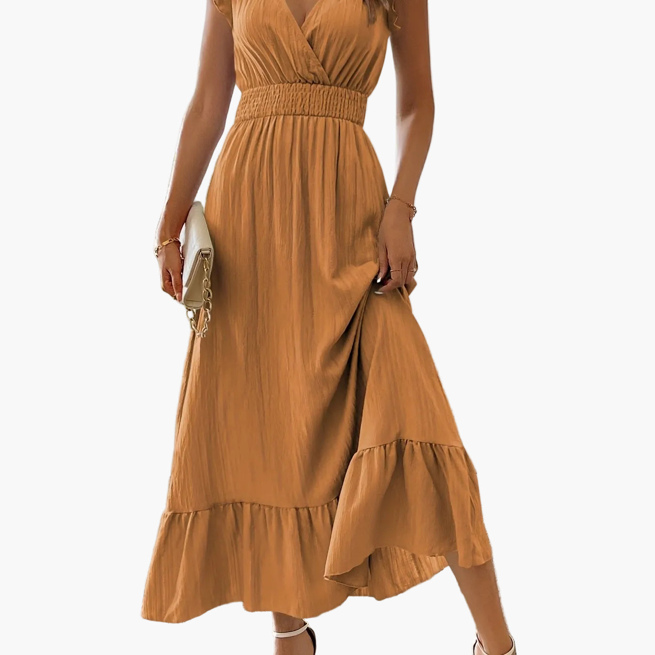 Robe longue élégante pour femme avec manches à volants et détail à la taille – Parfaite pour l'été et les vacances