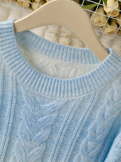 Damen Strickpullover Zopfmuster Blau Weiß Gemütlich Rundhals Langarm