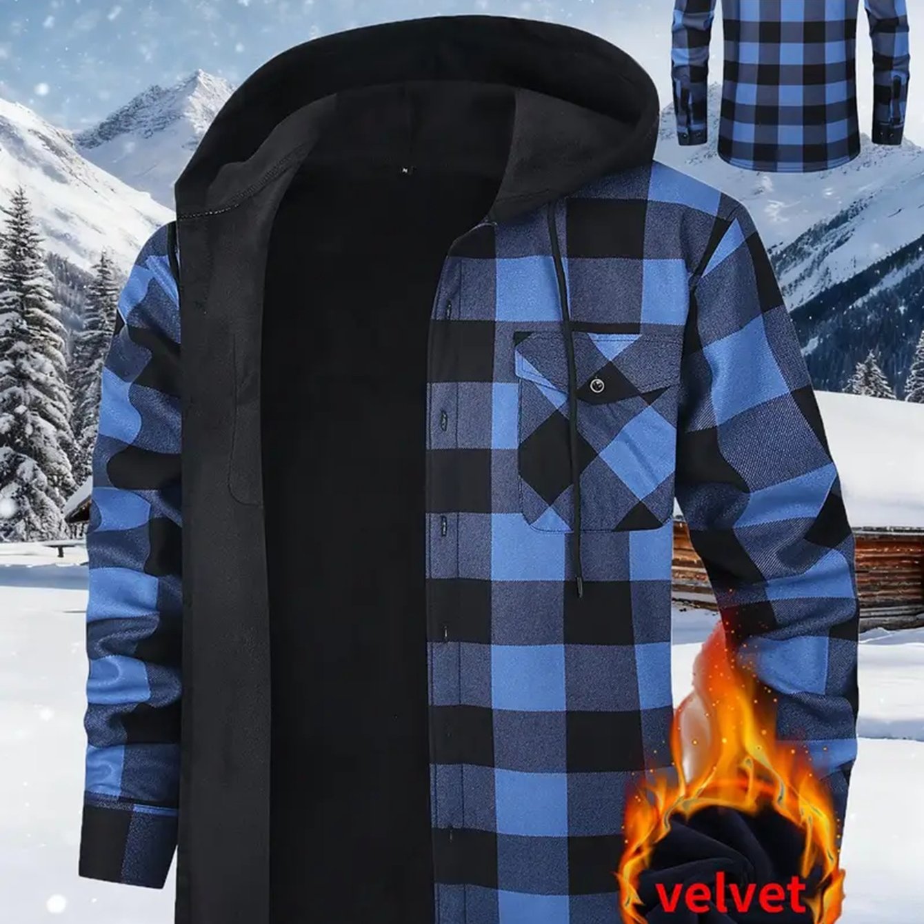 Giacca-camicia da uomo a quadri con cappuccio, imbottita e calda