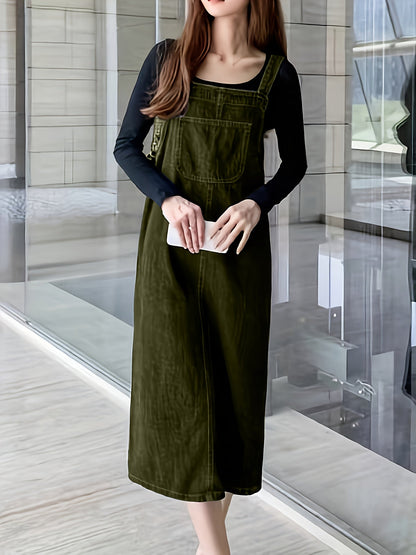 Abito jeans casual da donna con spalline e tasca frontale – Abito salopette midi per tutti i giorni e tempo libero