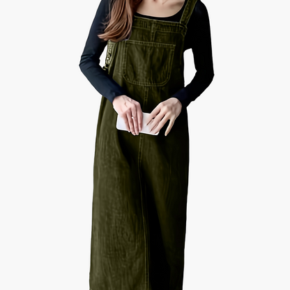 Abito jeans casual da donna con spalline e tasca frontale – Abito salopette midi per tutti i giorni e tempo libero