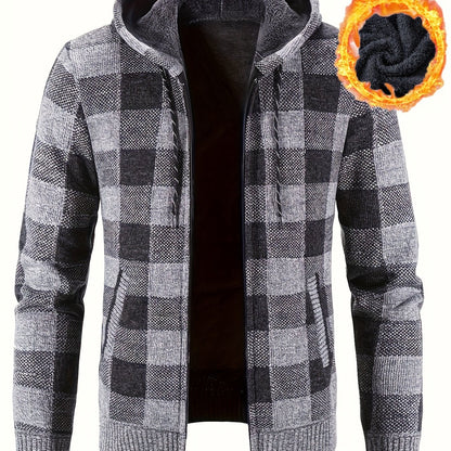Herren Kapuzenstrickjacke kariert gefüttert Reißverschluss