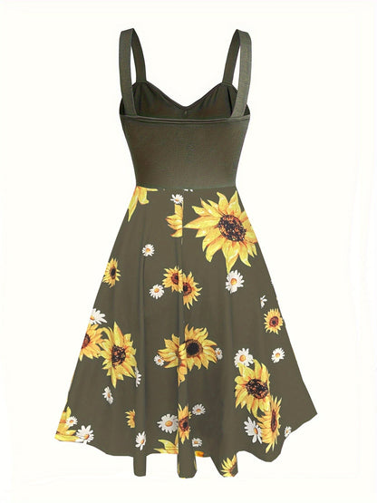 Damen Vintage Sommerkleid mit Sonnenblumenmuster und Knopfleiste – Elegantes Freizeitkleid für Frühling und Sommer