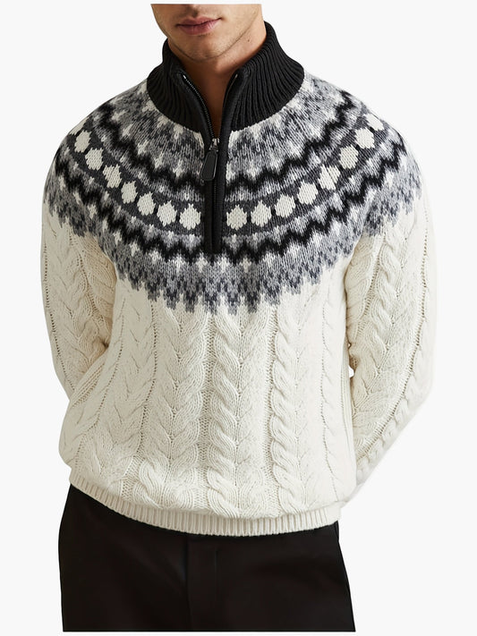 Herren Strickpullover mit Norwegermuster und Viertelreißverschluss – Modischer Winterpullover für Freizeit und Alltag