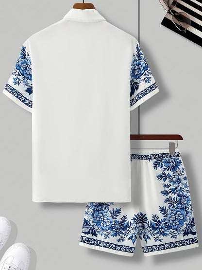 Ensemble d'été décontracté homme avec chemise à manches courtes et short, motif floral, vacances & plage