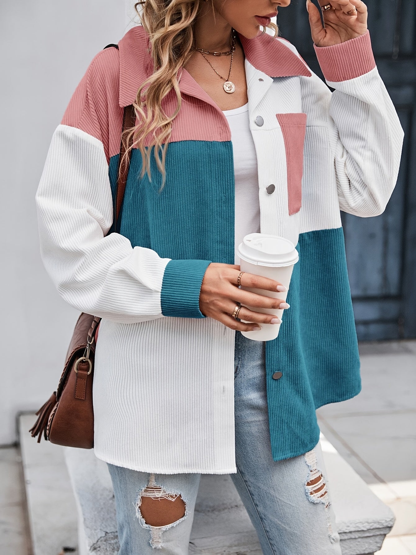 Cordhemdjacke Damen Oversized Colorblock Türkis Rosa Weiß