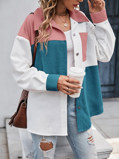 Cordhemdjacke Damen Oversized Colorblock Türkis Rosa Weiß