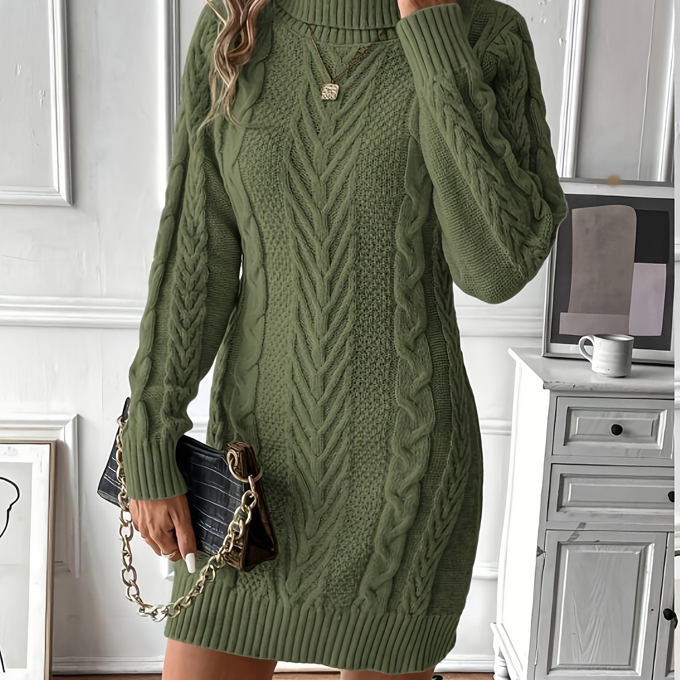 Damen Strickkleid Rollkragen Zopfmuster Langarm